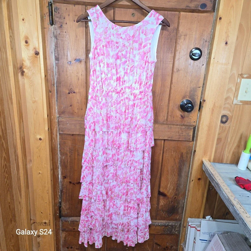 Vince Camuto Pink Floral Tiered Ruffle Maxi Dress Sleeveless XS Watercolor Print